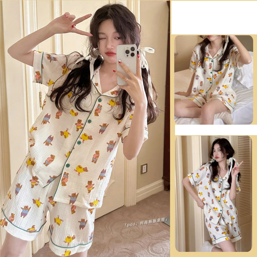 Rabbit Printing Ladies Pajamas Set Summer Kawaii Loungewear Women Green Homewear Cute Cartoon Korean Fashion Version Outfits