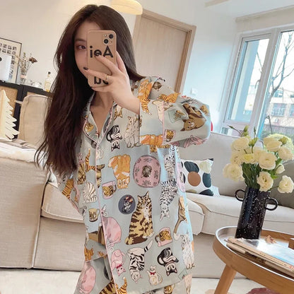Pajamas for Female Spring and Autumncute Cat Cardigan Long Sleeved Pajamas Set Satin Loungewear Women Lingerie Kawaii Girl's Pjs
