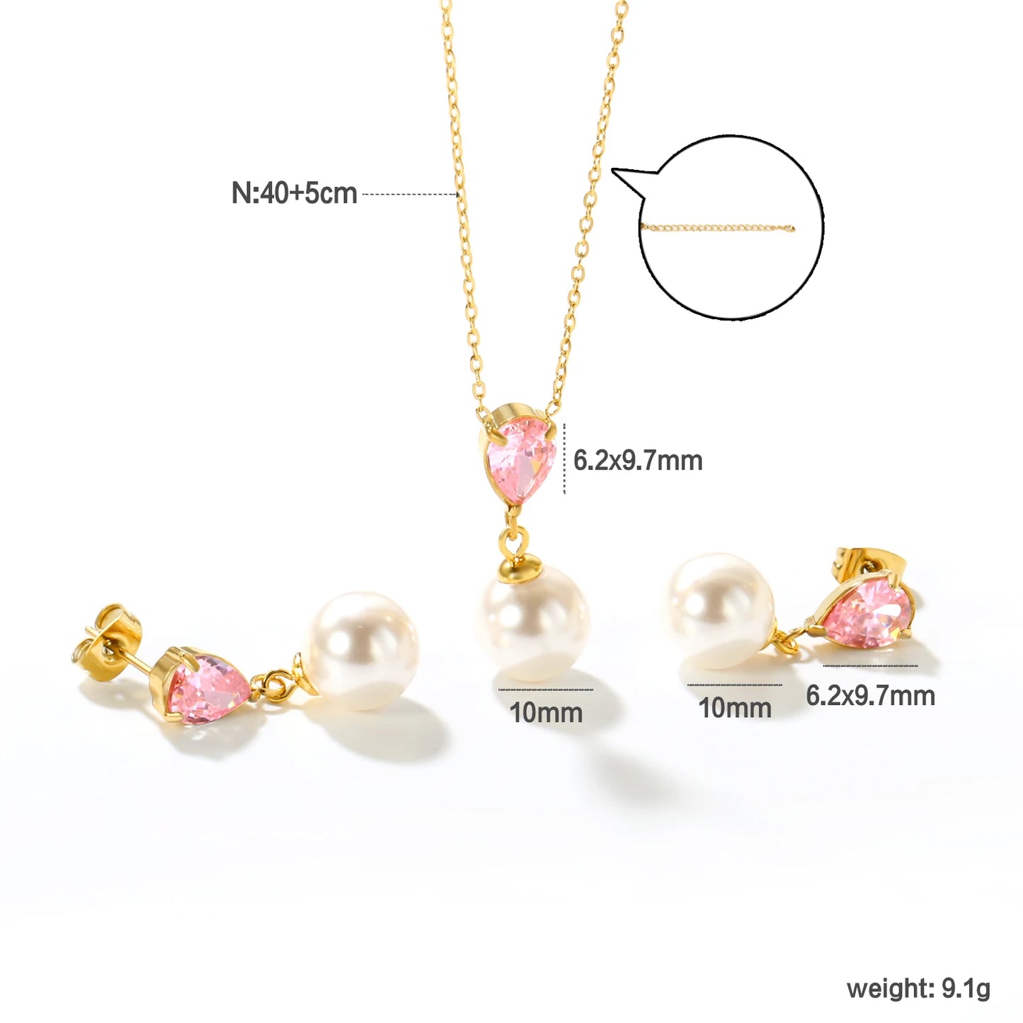 Stainless Steel Set Jewelry Woman Imitation Round Pearl Jewellry Sets Wedding Party Dangle Drop Earrings Necklace