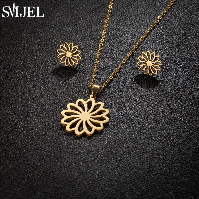 Stainless Steel Lily Flower Necklace Women Girls Golden Jewelry Sets Trendy Datura Cherry Blossom Earrings Wedding Gift