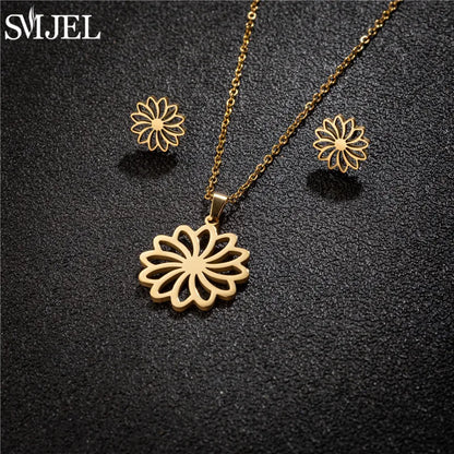 Stainless Steel Lily Flower Necklace Women Girls Golden Jewelry Sets Trendy Datura Cherry Blossom Earrings Wedding Gift
