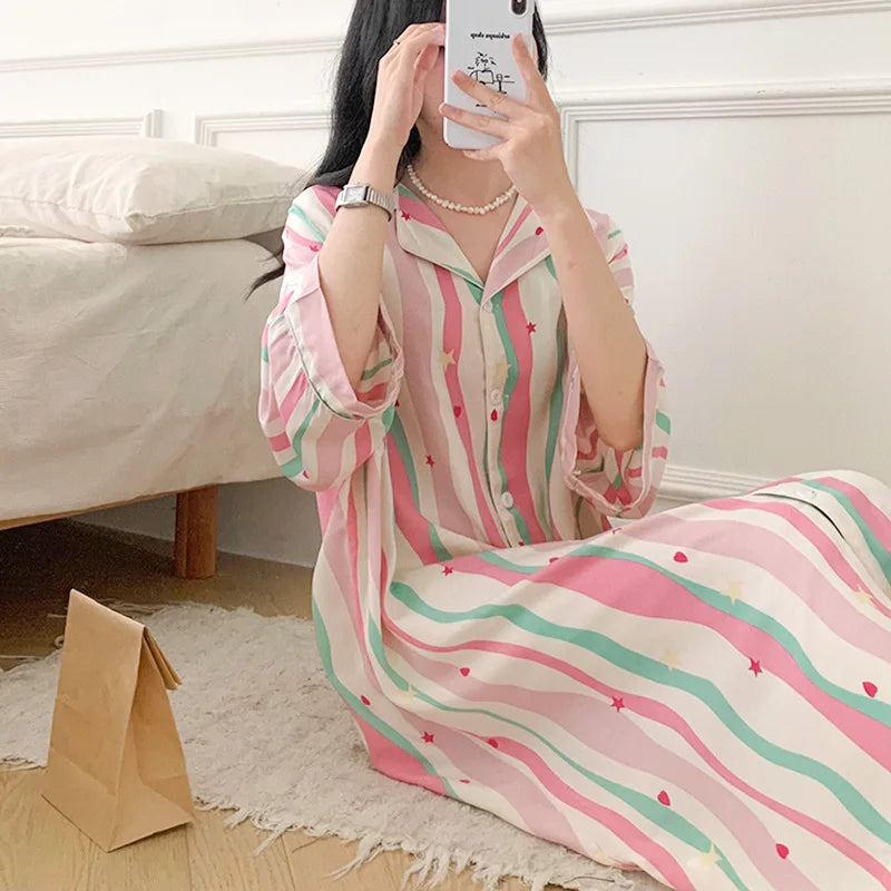 New Summer Nightgowns Women Nightwear Flower Cardigan Sleepwear Ladies Home Clothes Big Size Loungewear Women Pajamas Nighties