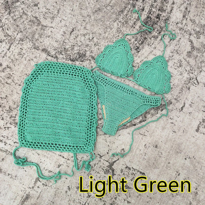 3 Piece Hand Crochet Beach Bikini Set Women Swimwear Cover UP Mini Skirt Swimsuit Suit