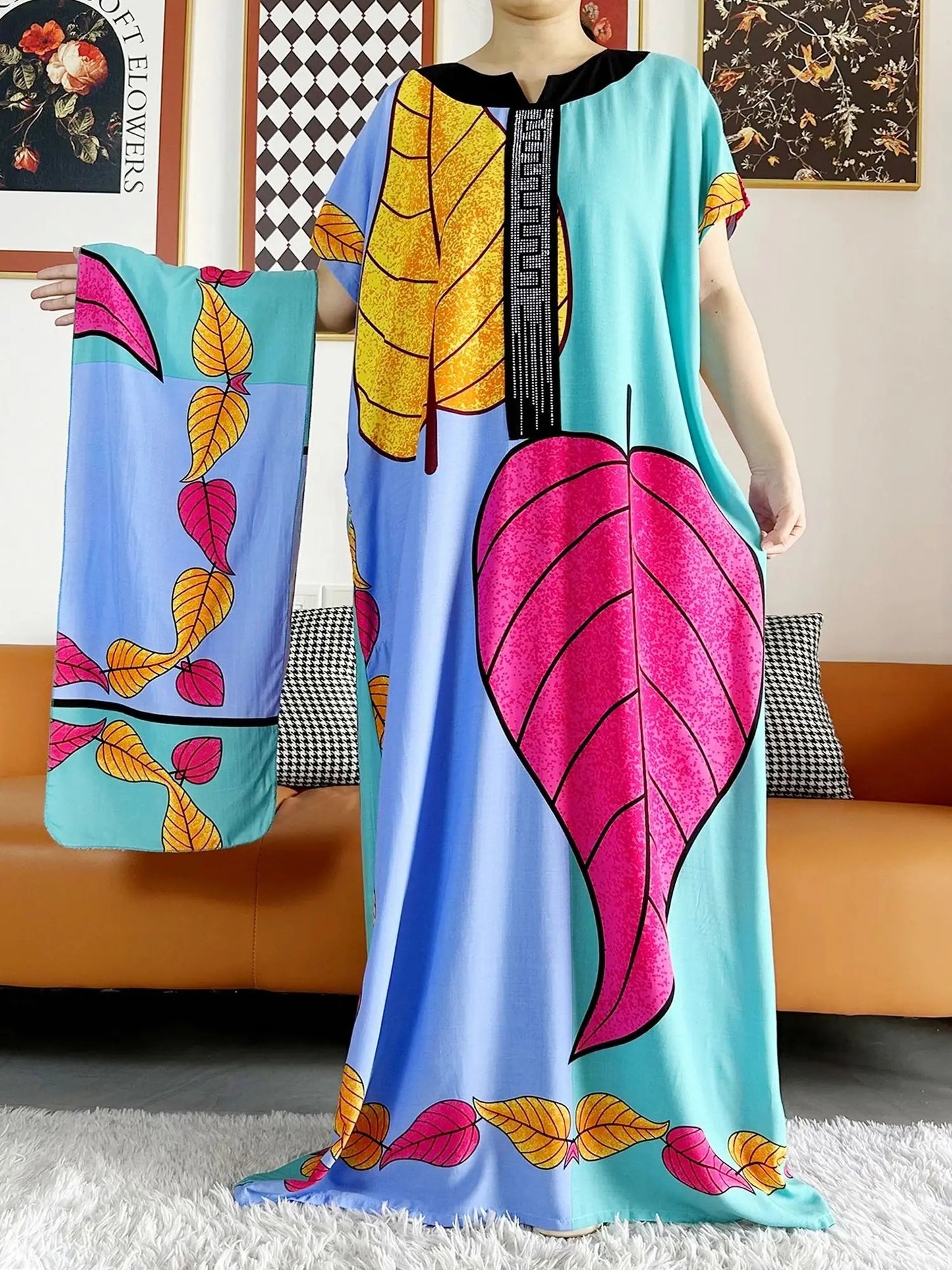 African Dashiki Dress Kaftan Abaya Cotton Boat-neck Floral Dress Printed Short Sleeve Loose Women Casual Dress with Scarf