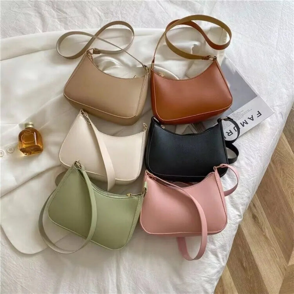 Women's Fashion Handbags Retro Solid Color PU Leather Shoulder Underarm Bag Casual Hobos Handbags