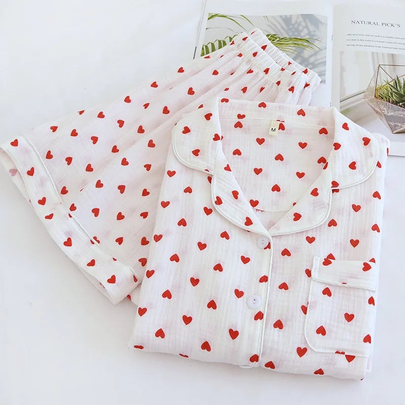 Summer Japanese Style Sweet Crepe Cotton Kimono Pajamas Lapel Cartoon Cute Printing Loose Loungewear Women 2 Piece Sleepwear