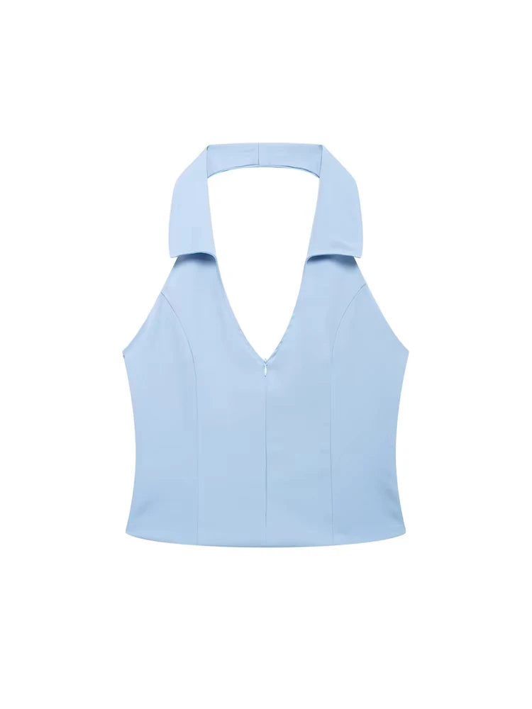 Sleeveless Backless Tank Tops for Women, Front Zipper, Hlaterneck, Female Camis, Sexy Fashion