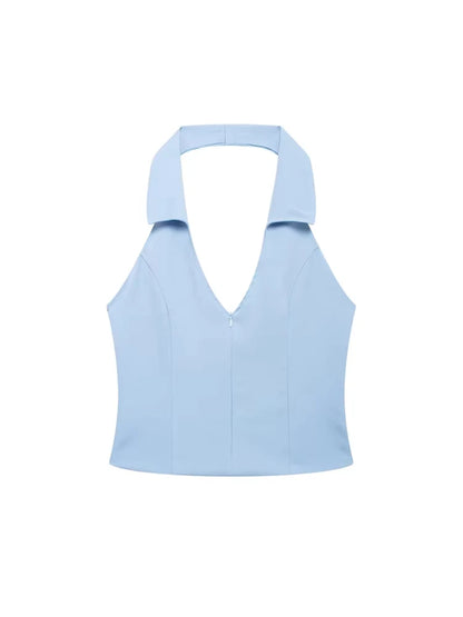 Sleeveless Backless Tank Tops for Women, Front Zipper, Hlaterneck, Female Camis, Sexy Fashion