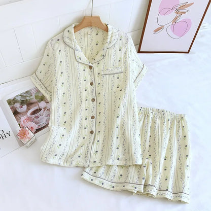 Summer Japanese Style Sweet Crepe Cotton Kimono Pajamas Lapel Cartoon Cute Printing Loose Loungewear Women 2 Piece Sleepwear
