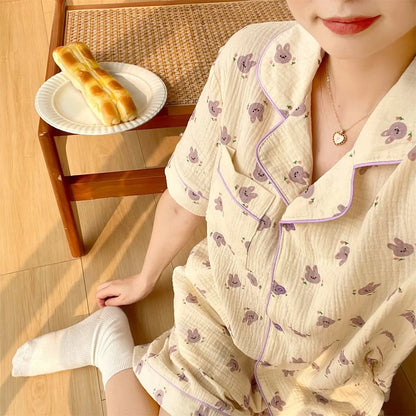 Rabbit Printing Ladies Pajamas Set Summer Kawaii Loungewear Women Green Homewear Cute Cartoon Korean Fashion Version Outfits