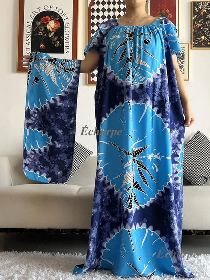 African Dashiki Dress Kaftan Abaya Cotton Boat-neck Floral Dress Printed Short Sleeve Loose Women Casual Dress with Scarf