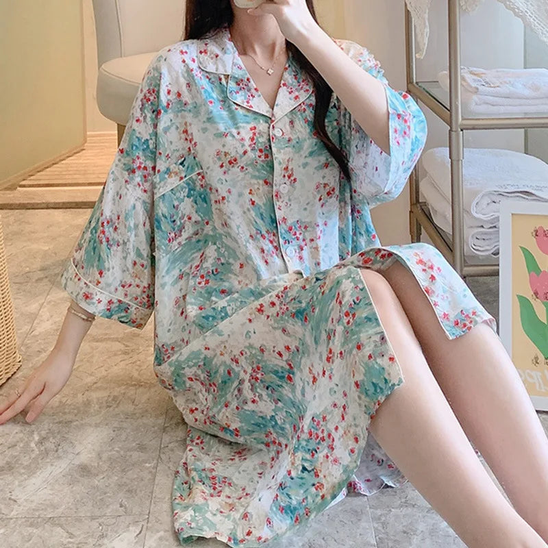 New Summer Nightgowns Women Nightwear Flower Cardigan Sleepwear Ladies Home Clothes Big Size Loungewear Women Pajamas Nighties