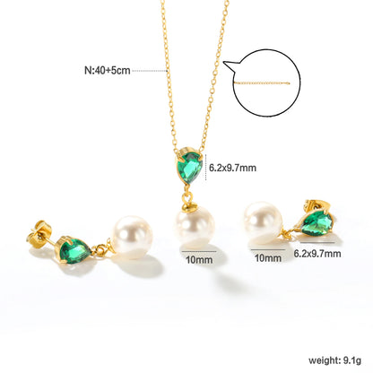 Stainless Steel Set Jewelry Woman Imitation Round Pearl Jewellry Sets Wedding Party Dangle Drop Earrings Necklace