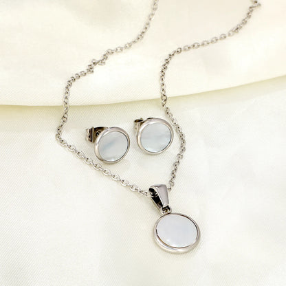 Clearly Shell Pendant Necklace Earrings Woman/Girls Stainless Steel Round Shape Charm Jewelry Set for Wedding Party