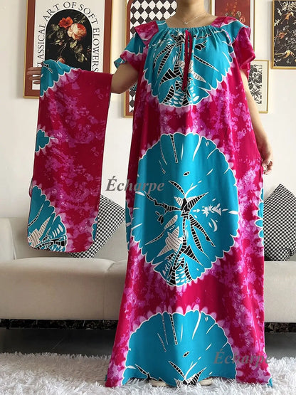 African Dashiki Dress Kaftan Abaya Cotton Boat-neck Floral Dress Printed Short Sleeve Loose Women Casual Dress with Scarf